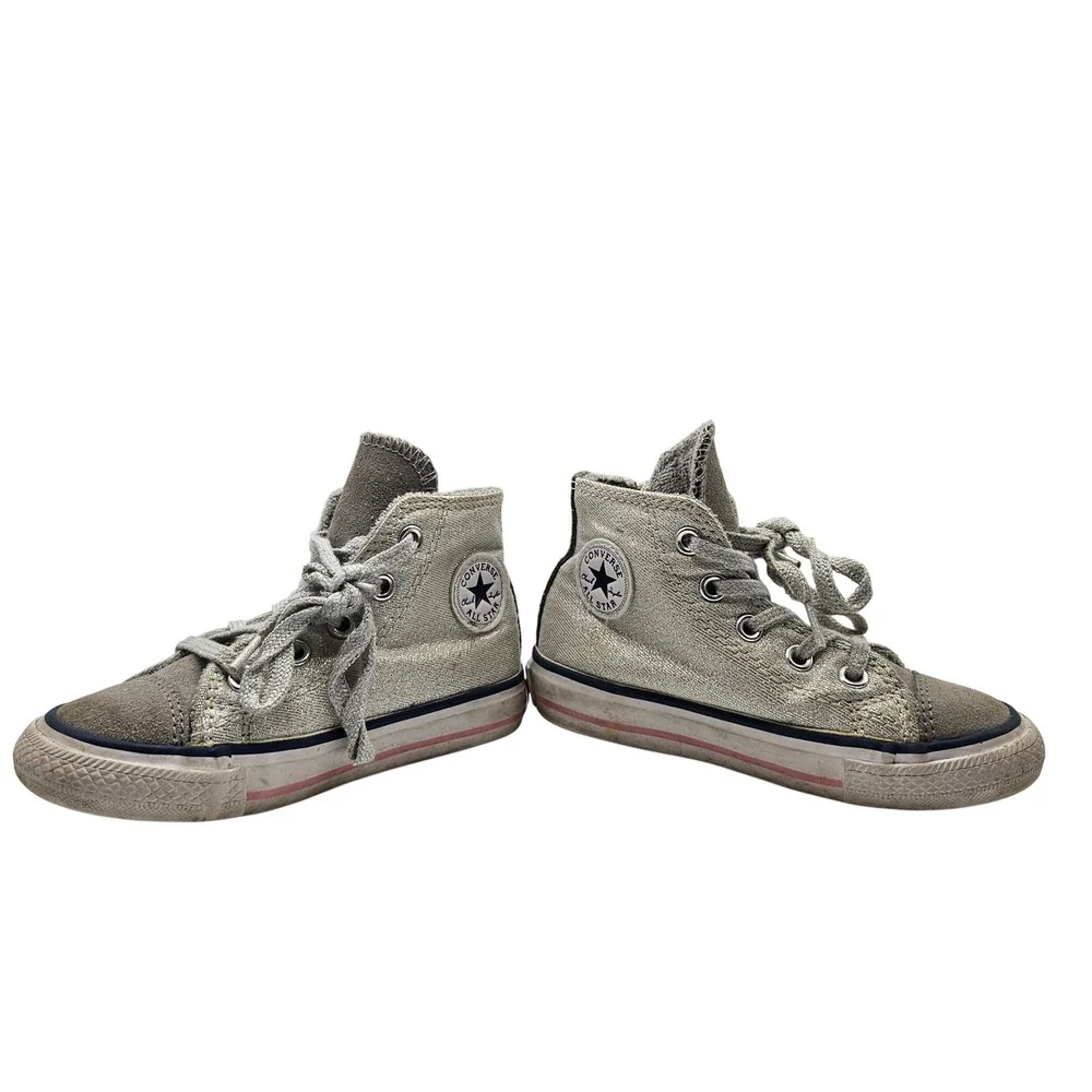 Converse All Star Toddler High Top Sneakers Silver Glitter Lace Up Zip Shoes 7‎